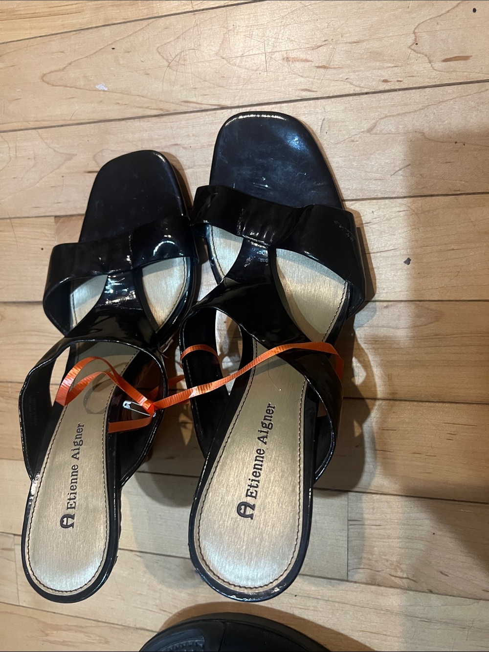 Etienne Aigner Black Patent Leather Crisscross Ankle-Strap Heels